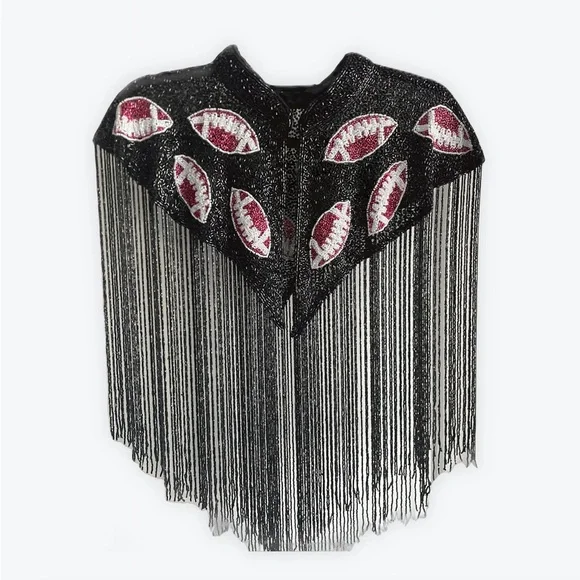 Football Fringe Cape with Red and Silver Accents - Picture 1 of 1